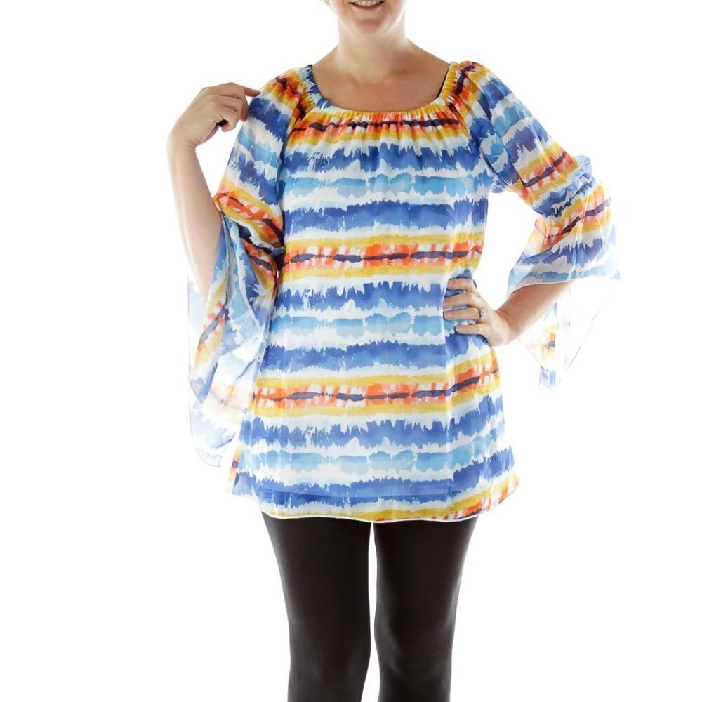 New Direction Blue White Off Shoulder Blouse - Picture 1 of 3
